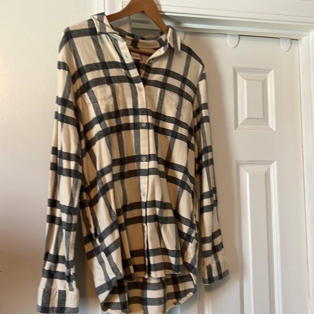 Large/ Altar’d State/ flannel/ beige with blue stripes/ never worn